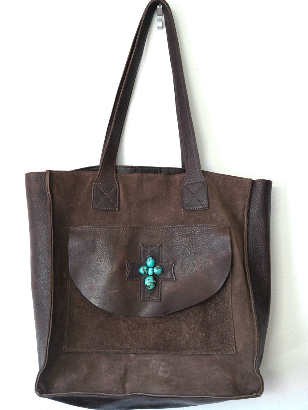 Two Bar West Brown Leather Double Handle Bag Purse w Turquoise Handbag